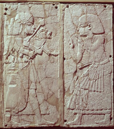 Relief depicting a guard holding a lion cub before the king by Syrian